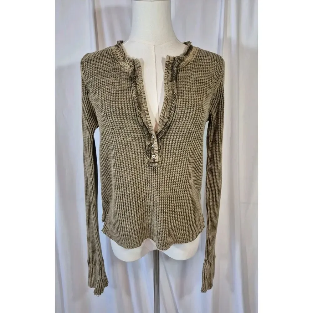 Free People One Colt Henley Green Cotton Thermal Top Small